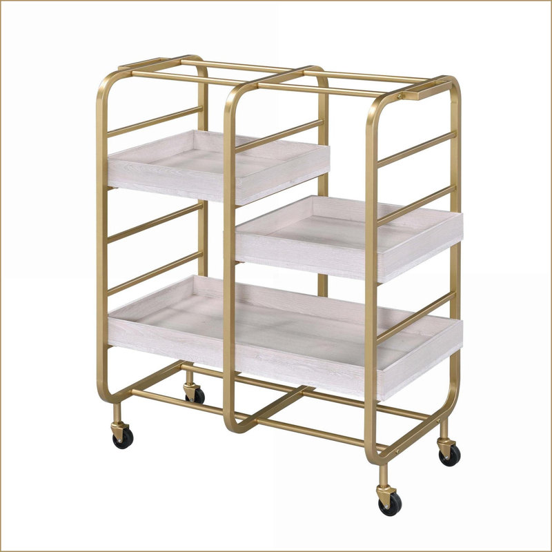 Serving Cart with 3 Adjustable Trays, Heavy-Duty Frame, Gold &amp; Off-White | Rectangular | Gold+White