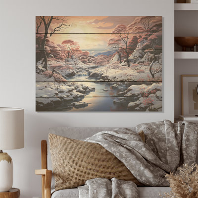 Paysage hivernal Kawaii, lever du soleil - neige, art sur bois de pin naturel