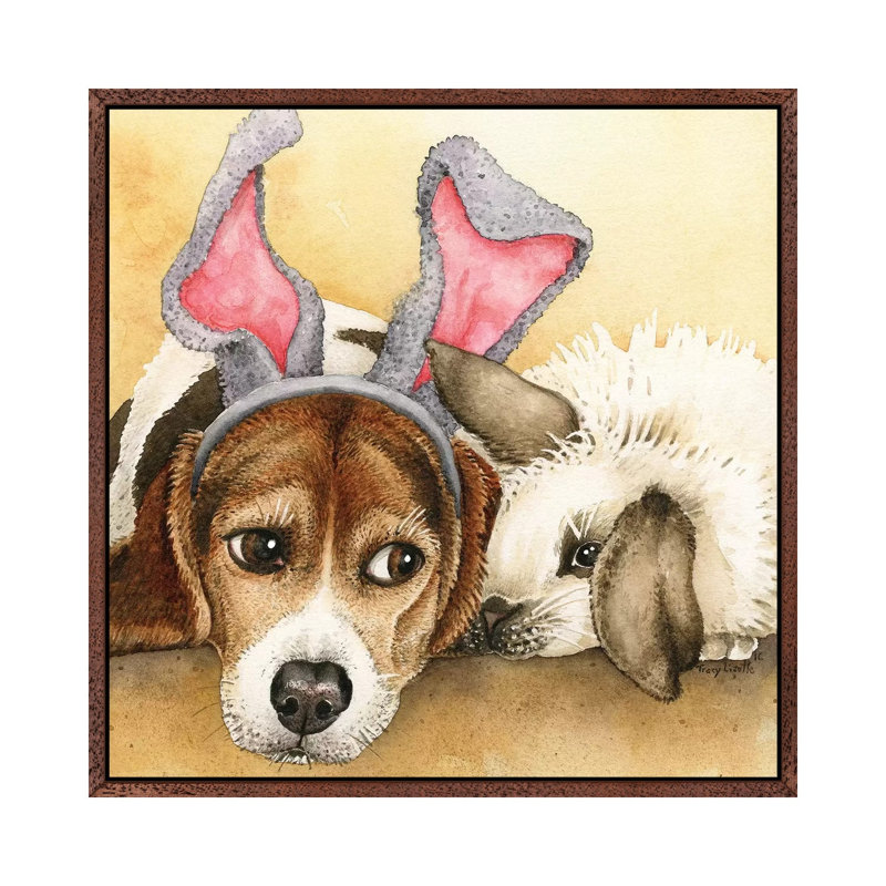 Bunny Friends by Tracy Lizotte - Painting on Canvas, 93.98cm H x 93.98cm W x 3.81cm D, Classic Brown Wood Framed