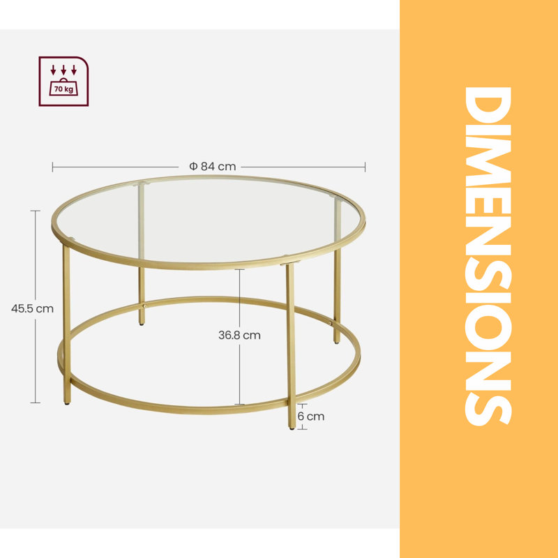 Gold Glass Round Coffee Table Modern Living Room Home Furniture Metal Frame