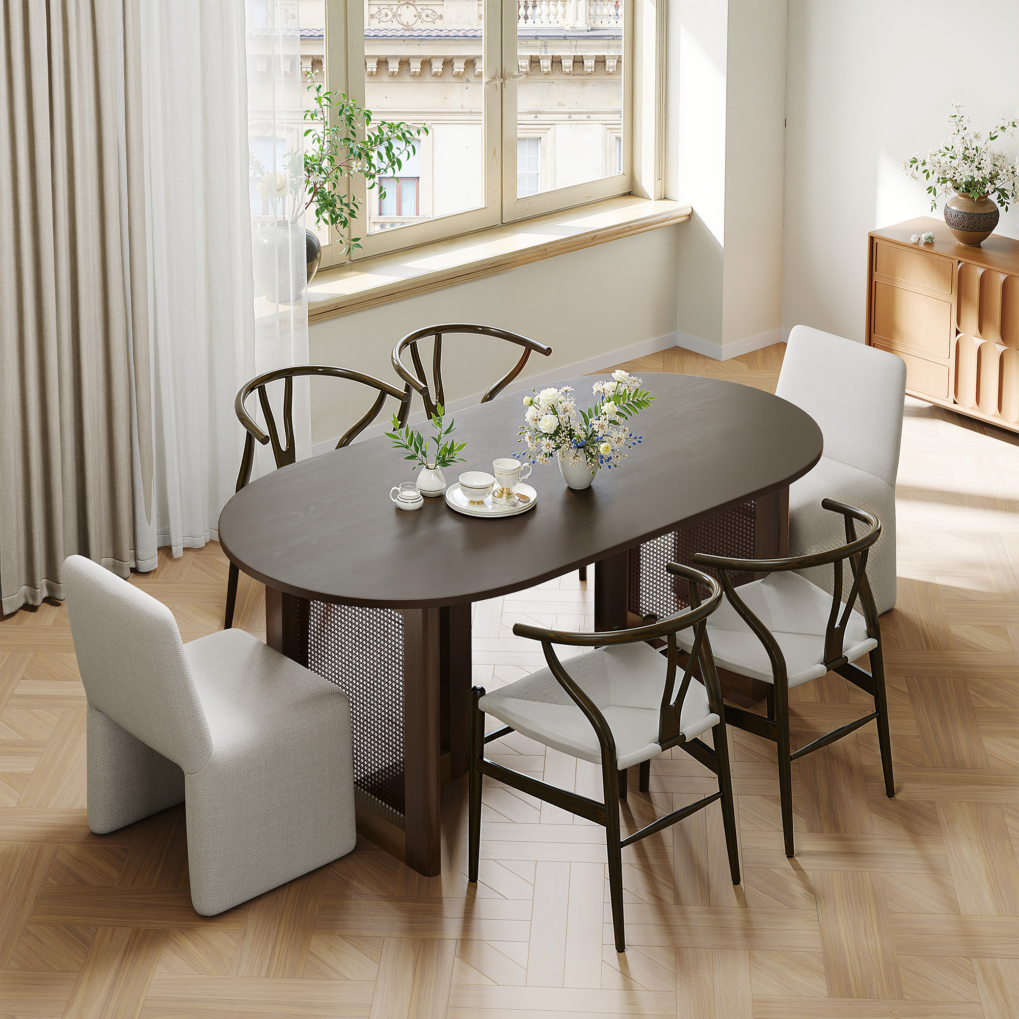 Beachcrest Home™ Midkiff 33.5"W×30"H Oval Dining Table Kitchen Table with Rattan Double Pedestal Base