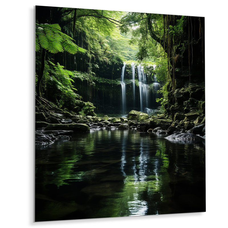 Cascade cachée Oasis forêt I - décoration murale paysages en métal, H 32 po x l 16 po x P 1 po
