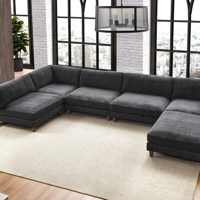 Canapé modulaire à large assise en velours côtelé, Dark Grey Corduroy, Brown