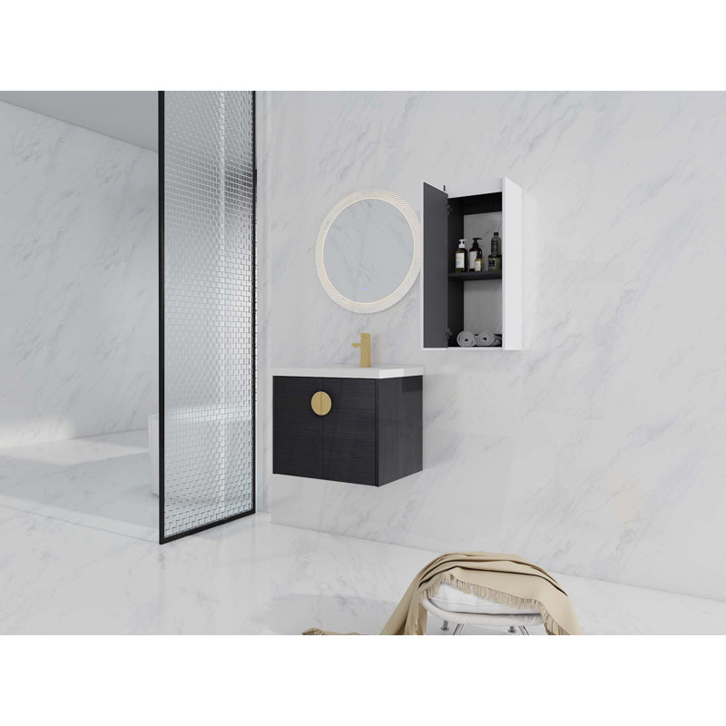 Meuble-lavabo mural avec lavabo en céramique et armoire latérale, portes à fermeture douce, armoire combinée