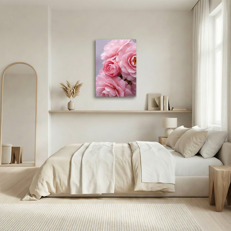 Art mural sur toile rose avec fleurs de camélia et gouttelettes d'eau sur pétales, 18"H x 12"W