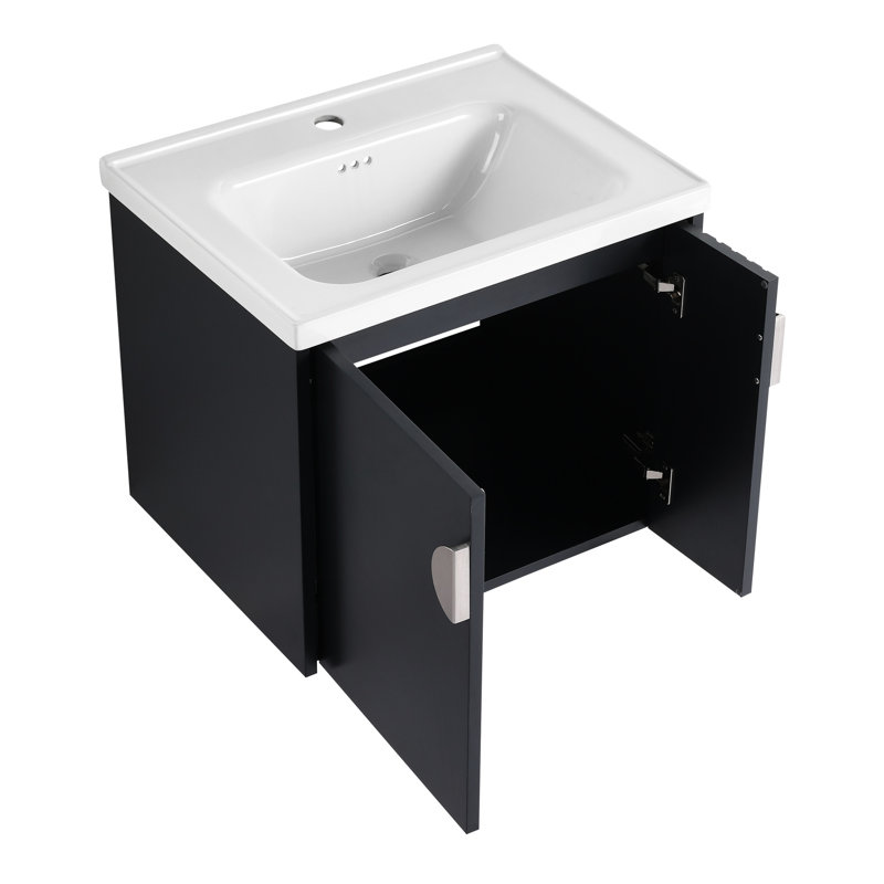 Meuble-lavabo mural de 24 po avec lavabo en céramique pour petite salle de bain, portes à fermeture douce et poignées en métal de conception moderne, espaces étroits, porte