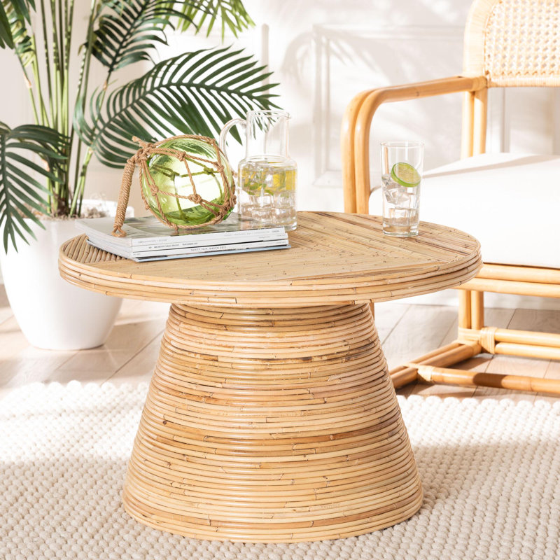Bella 28 in. Natural Round Rattan and Mahogany Wood Coffee Table