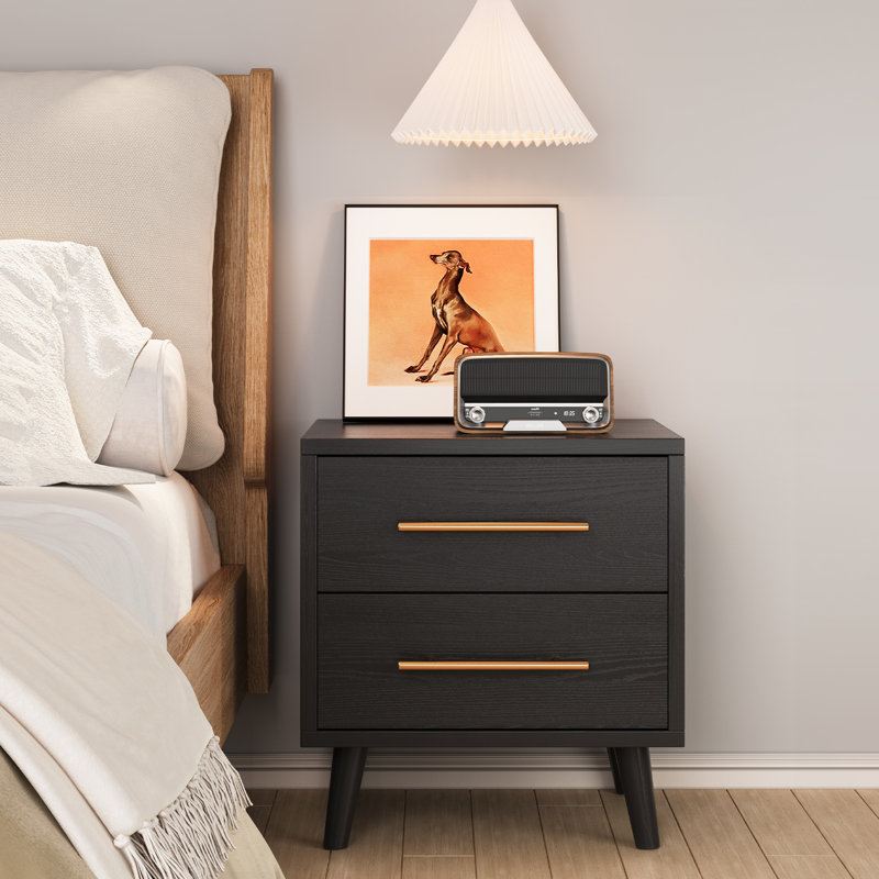 Modern Wooden 2-Drawer Nightstand with Metal Handles and Tapered Legs, Black