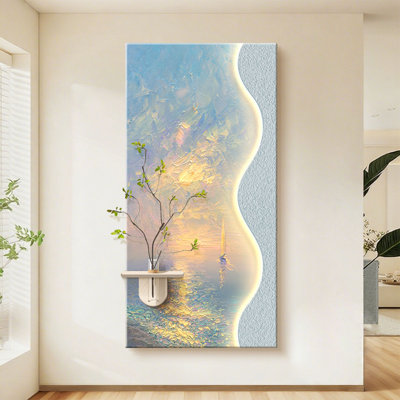 Art mural crème crème au coucher du soleil: texture grès avec pot de fleurs