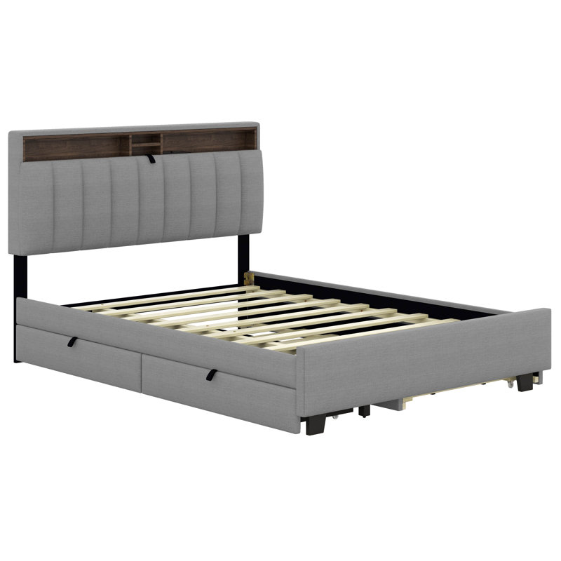 Lit plateforme tapissier avec tête de lit, gigogne et 2 tiroirs Kaosayn, ports USB, Double, gris