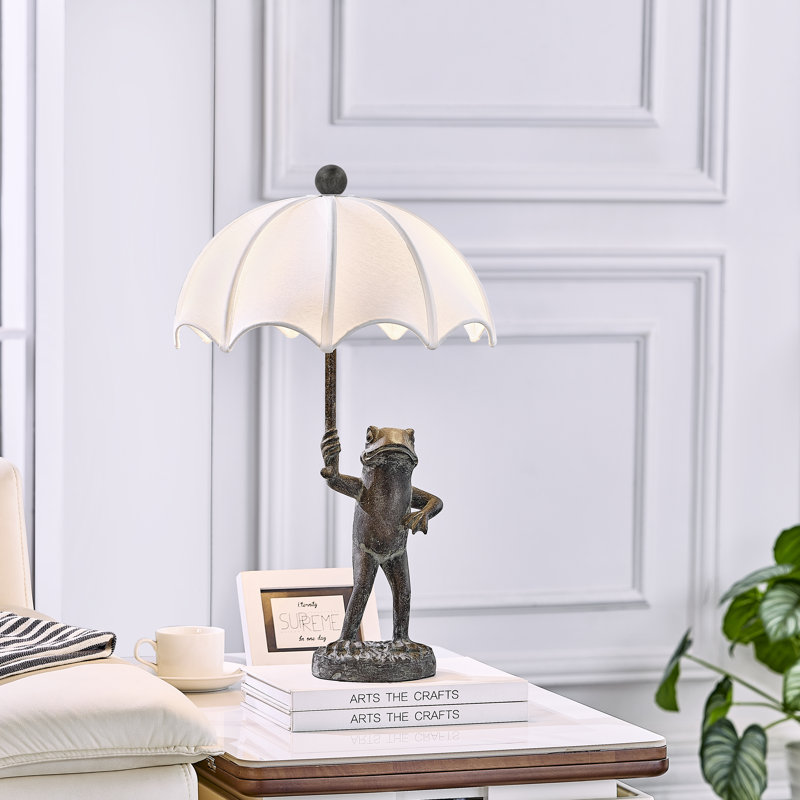 Lampe de table grenouille en résine 23 po bronze avec abat-jour en lin, Blanc, Bronze