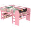 Lit mezzanine double avec bureau, tiroirs de rangement et bibliothèques, lit mezzanine bas en bois massif avec tableau noir, sans sommier, rose-760594000-760594003