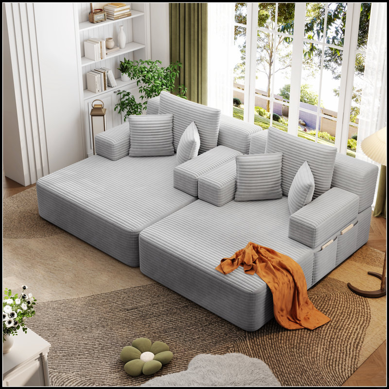 Canapé-lit convertible surdimensionné en velours côtelé duveteux avec poches de rangement et coussins moelleux pour un confort optimal dans votre cinéma maison