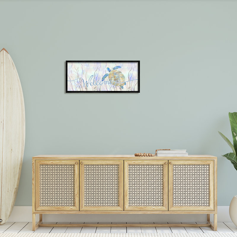 «Welcome Greeting Blue Tropical Sea To» par Ziwei Li 916, H 13 po x l 30 po x P 1,5 po, Giclée encadrée noir minuit
