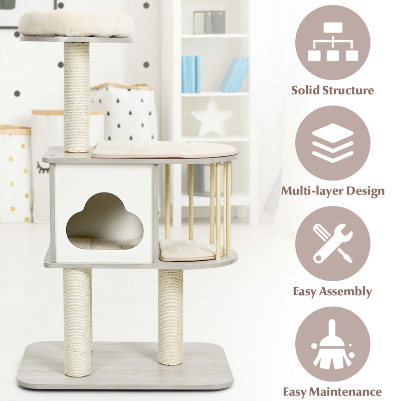 46'' Gray Wooden Cat Tree with Sisal Posts and Cushions