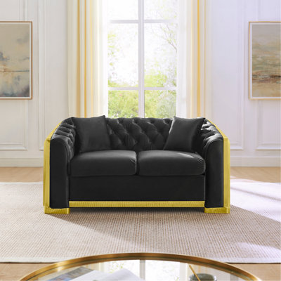 Minimaliste, grand et élégant canapé de luxe luxueux, décoration en acier inoxydable doré, canapé de salon en velours 2 places (y compris 2 coussins), noir