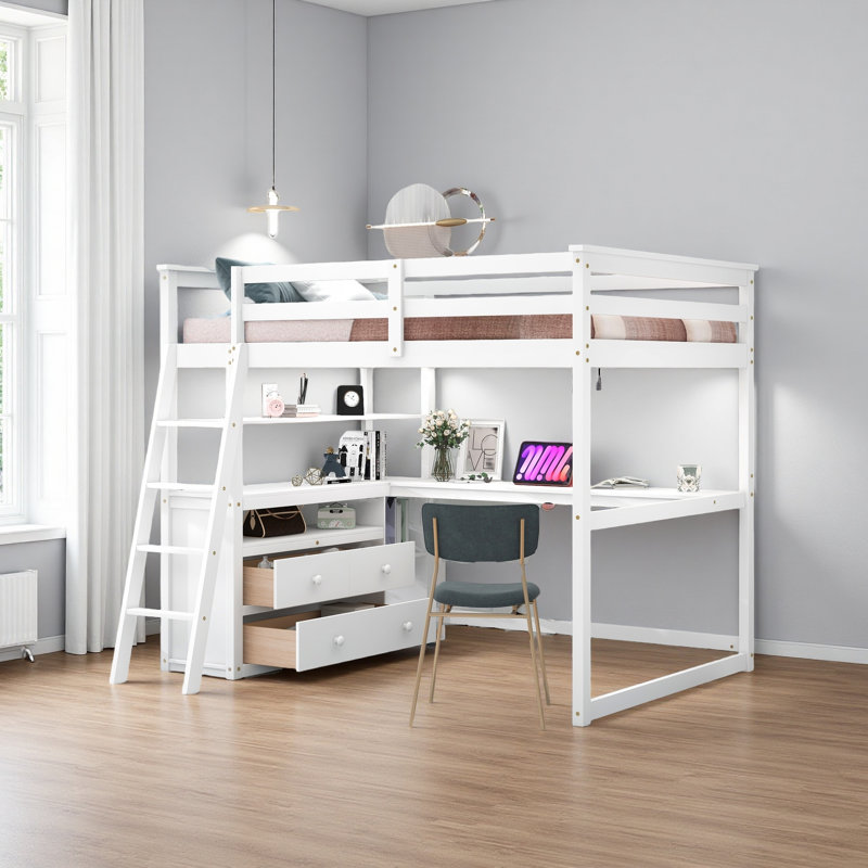 Lit mezzanine avec bureau et tablettes, deux tiroirs intégrés, Lit double, Blanc