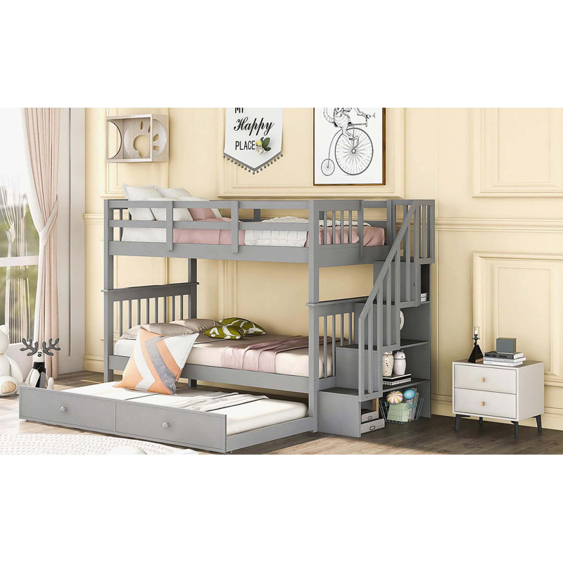 Lit superposé simple au-dessus de simple avec lit gigogne simple pour chambre à coucher, adulte, gris Stairway, Gris