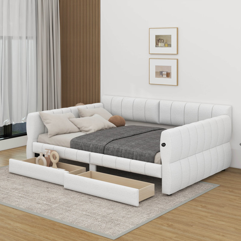 Grand lit plateforme tapissier avec port USB et tiroirs, Blanc