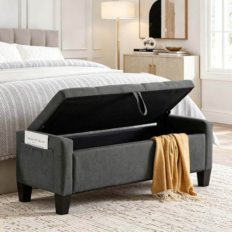 Repose-pieds avec rangement, banc de repose-pieds avec charnière de sécurité, poids de 350 lb, Dark Gray-Linen