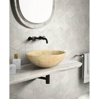 Lavabo vasque de salle de bain en marbre naturel beige beige, 15,7 po de largeur, 5,9 po de hauteur, détails finis à la main, beauté or 15,7 po x 5,9 po, surface polie, pièce unie, conception américaine, pré-percé