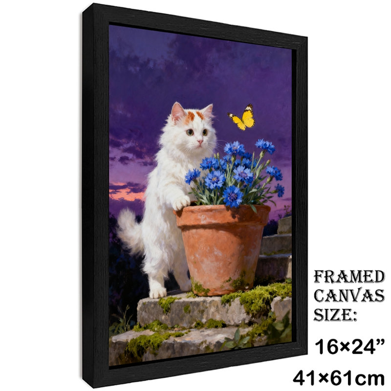 Art mural rétro noir, chat blanc et papillon, impressions de style rétro, H 25 po x l 17 po