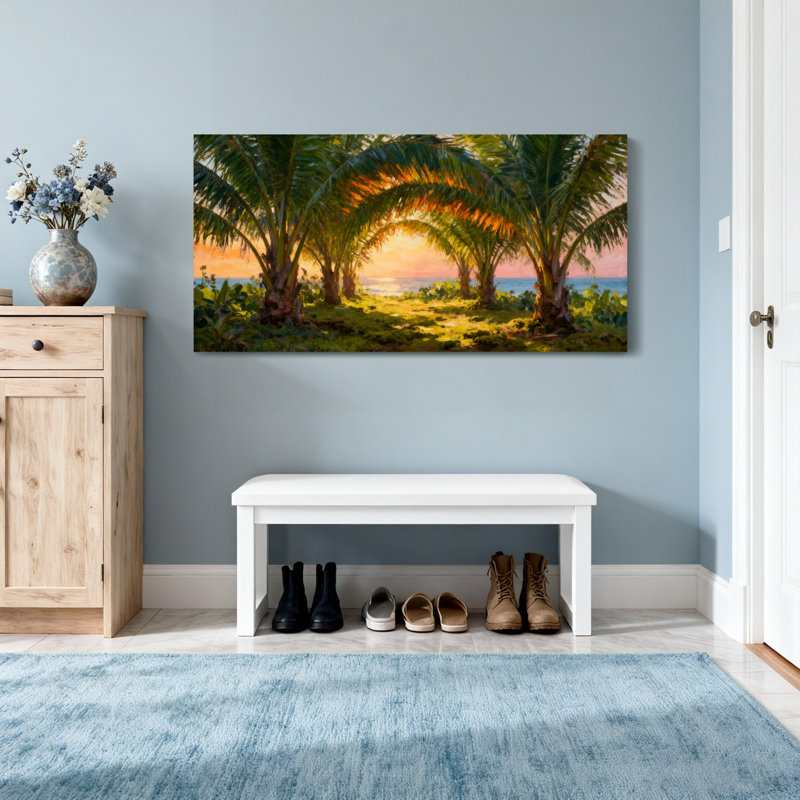 Plantes et fleurs, palmier tropical, scène de plage, H 28 po x l 58 po