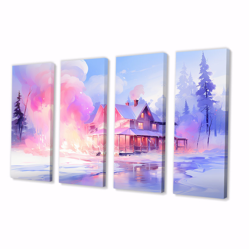 «Pink and Mauve Winter Cottage - Winter Landscape», ensemble d'art mural 4 pièces, H 28 po x l 48 po