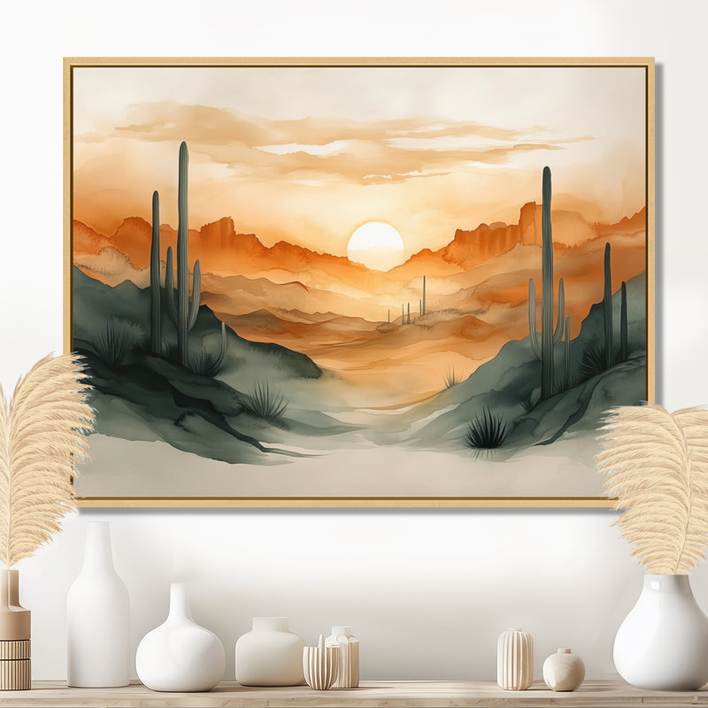 «Cactus at Emberlight - Desert Botanical», art mural sur toile encadré, 24" H x 32" W, Cadre naturel flottant