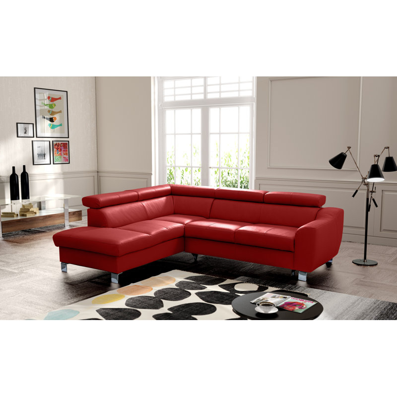 Aribel Faux Leather Corner Sofa with Sleeping Function and Storage Box with Adjustable Headrests , Red, Left Hand Facing