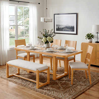 Ensemble de table de salle à manger 6 pièces en bois massif, ensemble de salle à manger rectangulaire extensible avec 4 chaises et banc rembourrés, plateau de table extensible de 60 à 84 po, coussin naturel et beige