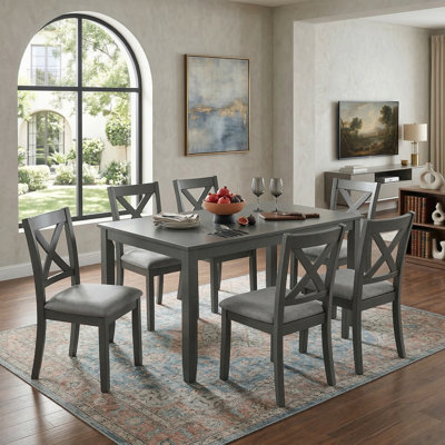 7-Piece Solid Wood Dining Set with 58.5" Table and 6 Padded X-Back Chairs, Modern Kitchen Table and Chairs for Dining Room, Grey