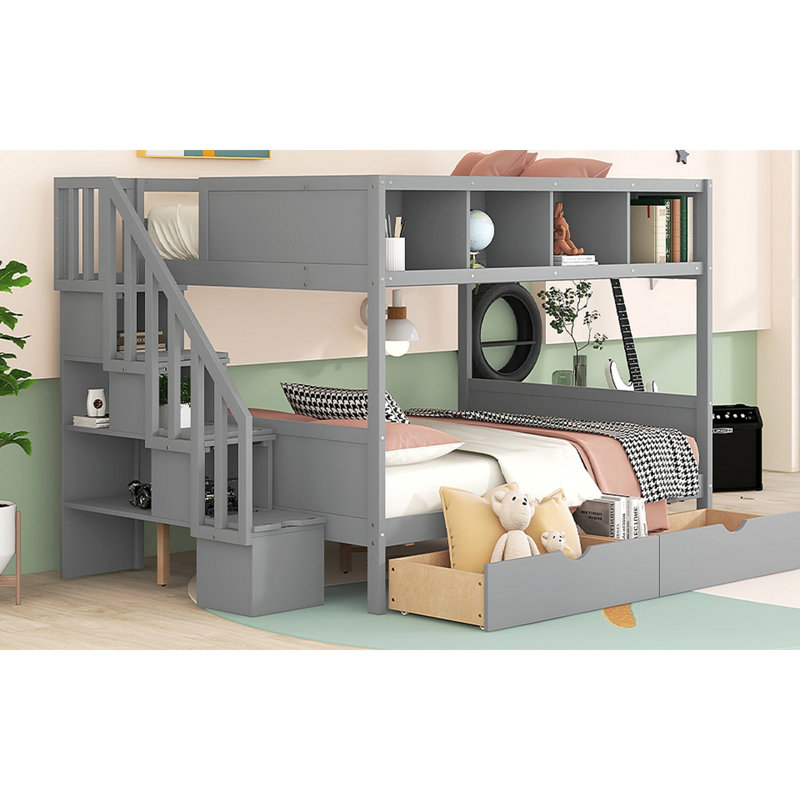 Lit superposé avec tablettes, escalier de rangement et 2 tiroirs, Gris