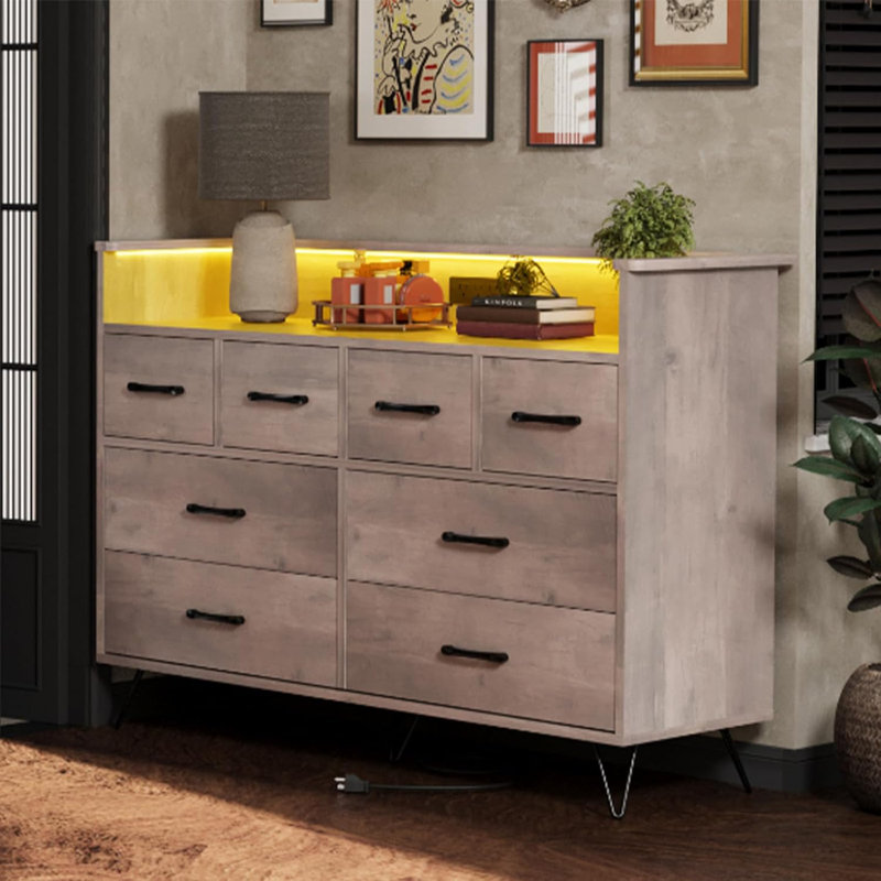 8-Drawer Dresser with LED Light & Charging Station, Black, Grey
