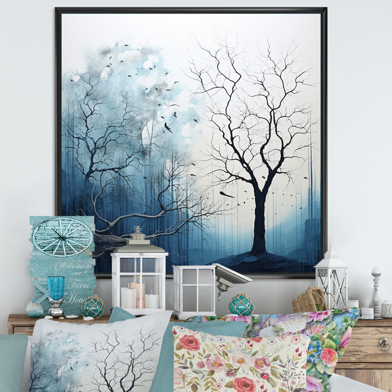 Paysage minimaliste d'arbre bleu sur toile, H 16 po x l 16 po x P 1 po, Cadre flottant noir
