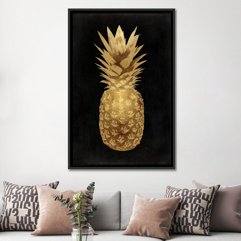 «Pineapple II», reproduction d'impression sur toile en noir, H 26 po x l 18 po x P 1,5 po, Toile encadrée noire, Pas de tapis