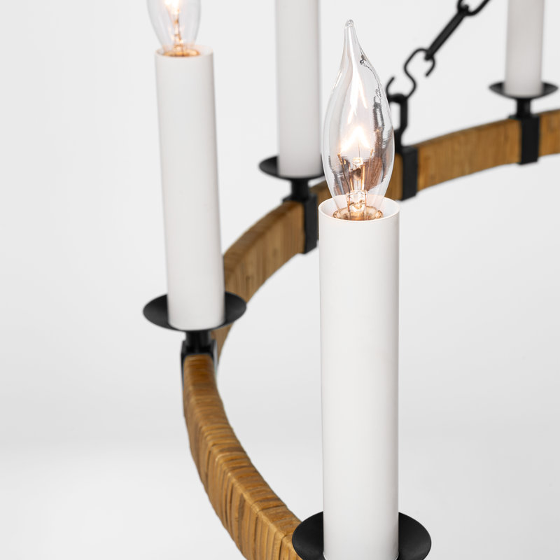 Darlana 12 - Light Wagon Wheel Chandelier, Polished Nickel/Natural Rattan, 32" H x 40" W x 38.75" D