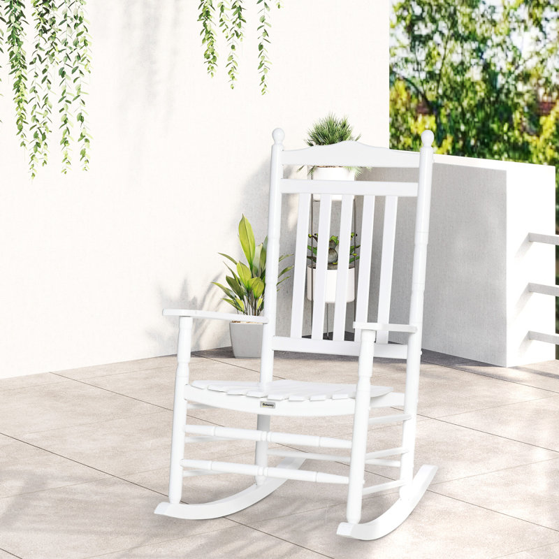 Outsunny Traditional Wooden High-Back Rocking Chair For Porch, Indoor/Outdoor, White, White