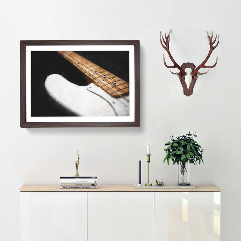 Strings of a White Bass Guitar - Picture Frame Graphic Art Print, Walnut Framed, 33cm H x 45cm W x 2cm D