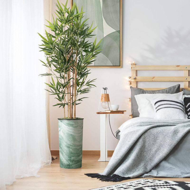 Artificial Tree in Contemporary Blue Stripe Patterned Planter Fake Bamboo Silk Tree, Rectangle Blue