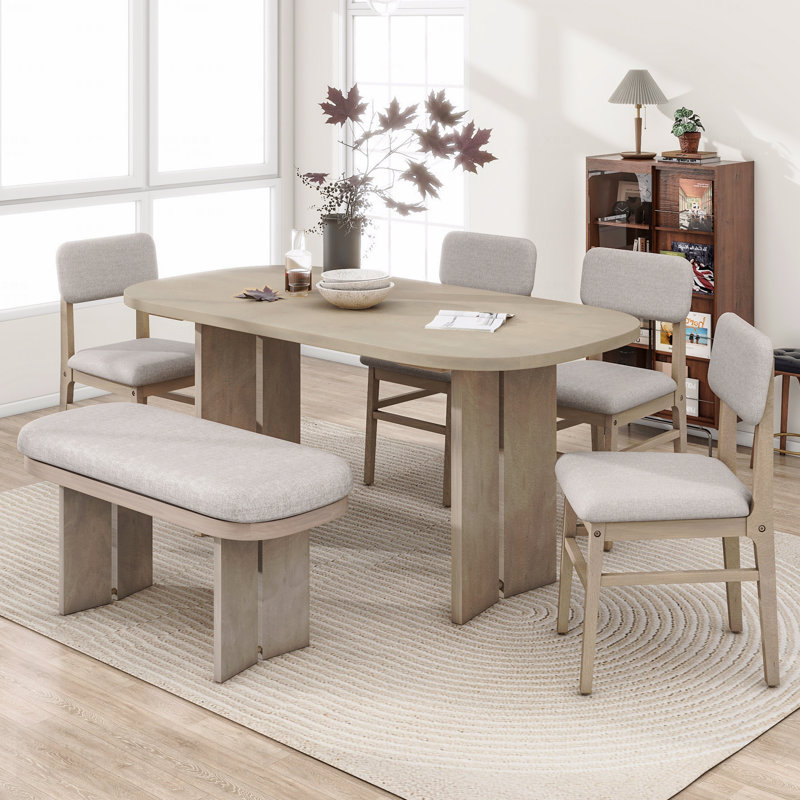 Ensemble de table de salle à manger en bois massif avec banc - Ensemble de table de salle à manger rembourré 6 pièces avec banc, mobilier de cuisine de ferme moderne bicolore pour les réunions de famille