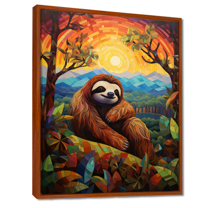 «Relaxing Sloth In Colorful Landscape», art mural paresseux, Toile avec cadre flottant brun, H 20 po x l 12 po x P 1 po