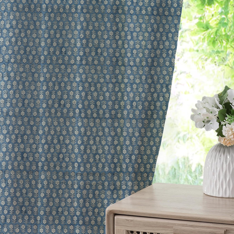 Fabdivine Dark Blue Elegant Floral Pattern Curtain Handmade Block Print, 27x57 Inches, Summer or Spring with Pleated Pinch Drapes for Window, Living Room, Kitchen, Tulsi Buti