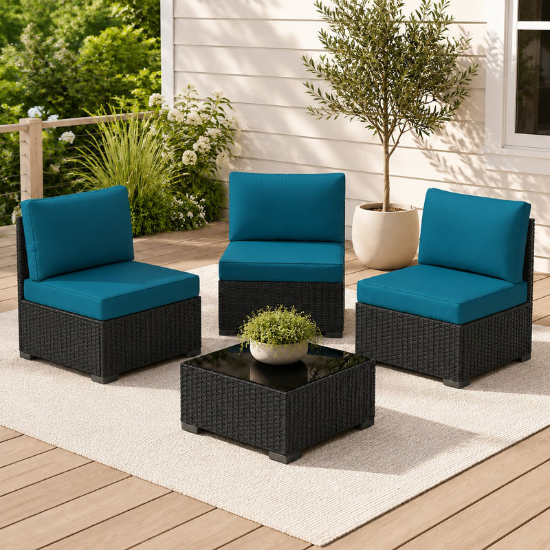 Ensemble de patio en rotin 4 pièces avec coussins, Noir / Bleu, 4 pièces