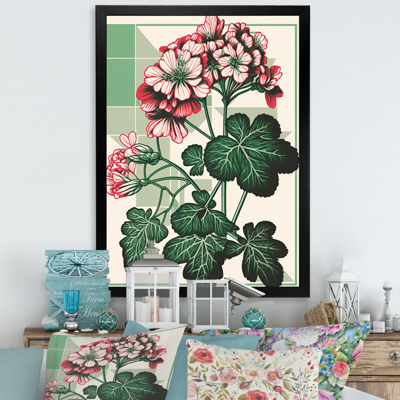 «Geranium florissant en couleurs rétro I», art mural sur toile florale, Impression noire sur toile encadrée