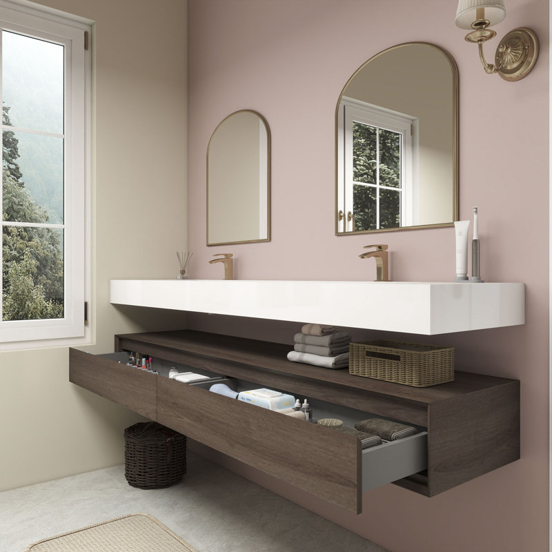 Alysa 84" Wall-Mounted Double Bathroom Vanity Set, Red /Oak