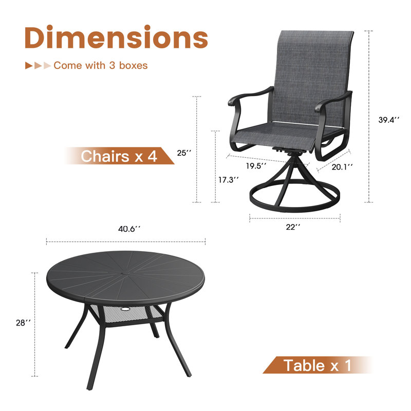 Ensemble de salle à manger en aluminium pour patio avec table de salle à manger ronde et 4 chaises de salle à manger pivotantes en textilène
