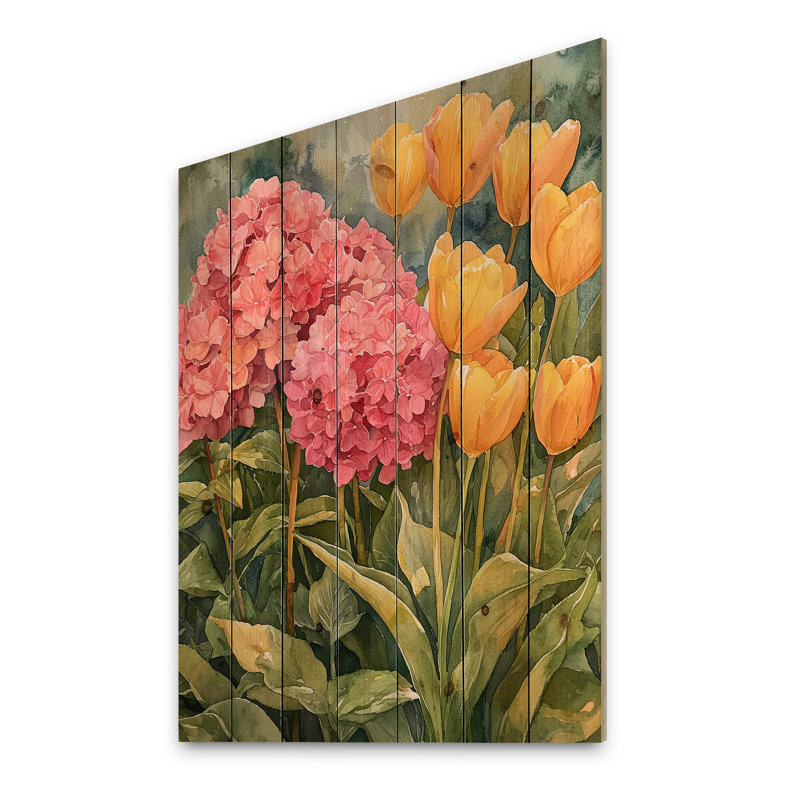 Hydrangeas In The Spring Garden II - Hydrangea Wood Wall Art - On Natural Pine Wood, 20" H x 10" W x 0.78" D