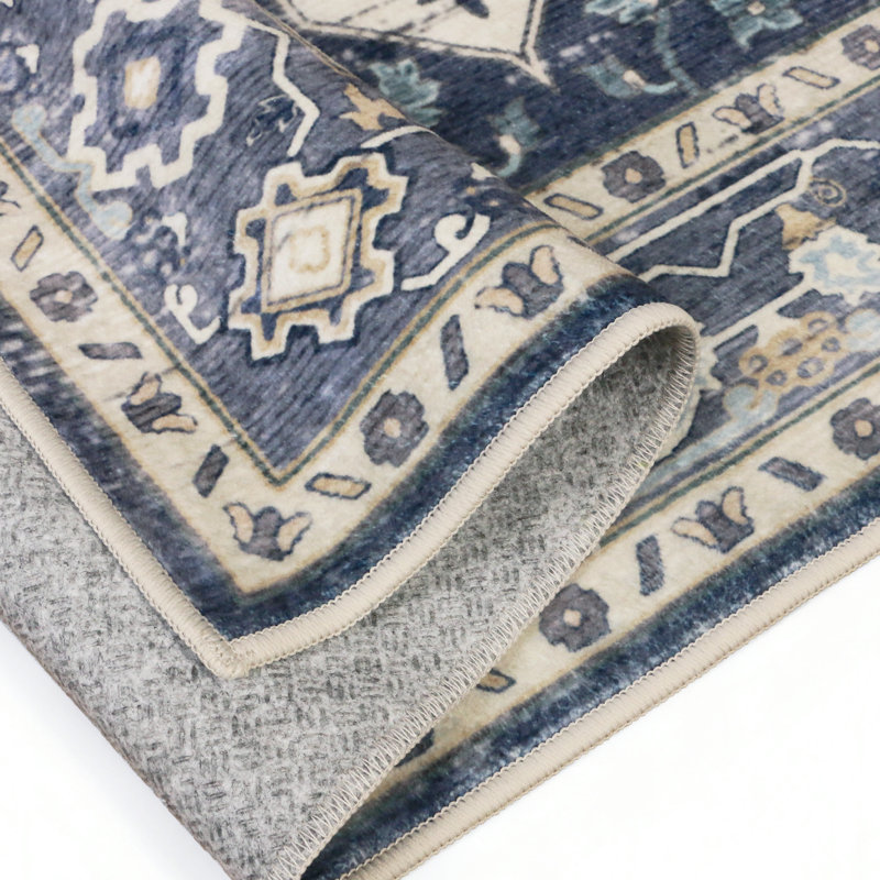 Tapis oriental performance Roehit, Tapis de couloir de 2 pi x 7 pi, Bleu marine / Ivoire