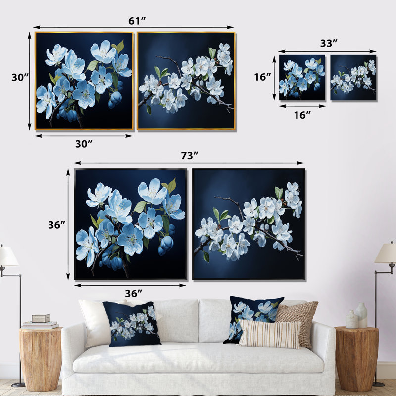 Élégance monochrome blanche à motif de fleurs de pommier blanc, H 16 po x l 33 po, Cadre flottant brun